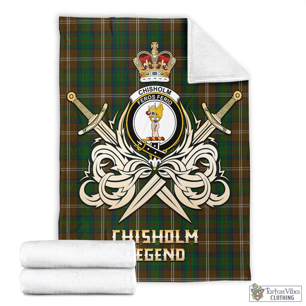 Tartan Vibes Clothing Chisholm Hunting Tartan Blanket with Clan Crest and the Golden Sword of Courageous Legacy