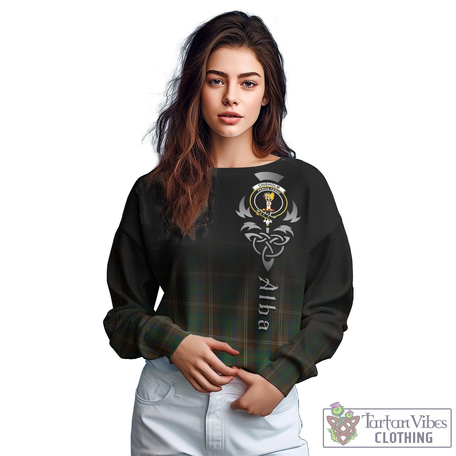 Tartan Vibes Clothing Chisholm Hunting Tartan Sweatshirt Featuring Alba Gu Brath Family Crest Celtic Inspired