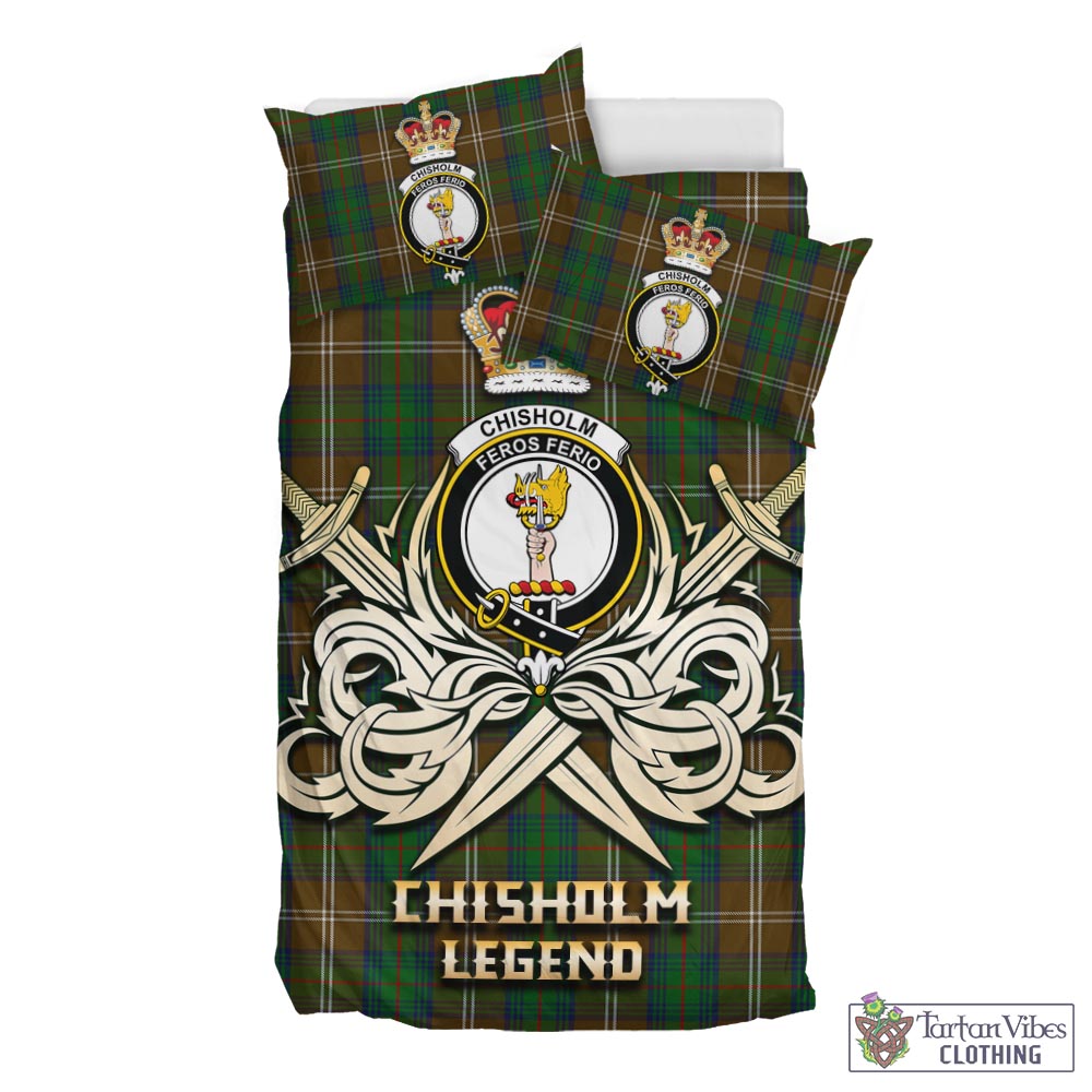 Tartan Vibes Clothing Chisholm Hunting Tartan Bedding Set with Clan Crest and the Golden Sword of Courageous Legacy