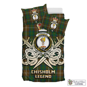 Chisholm Hunting Tartan Bedding Set with Clan Crest and the Golden Sword of Courageous Legacy