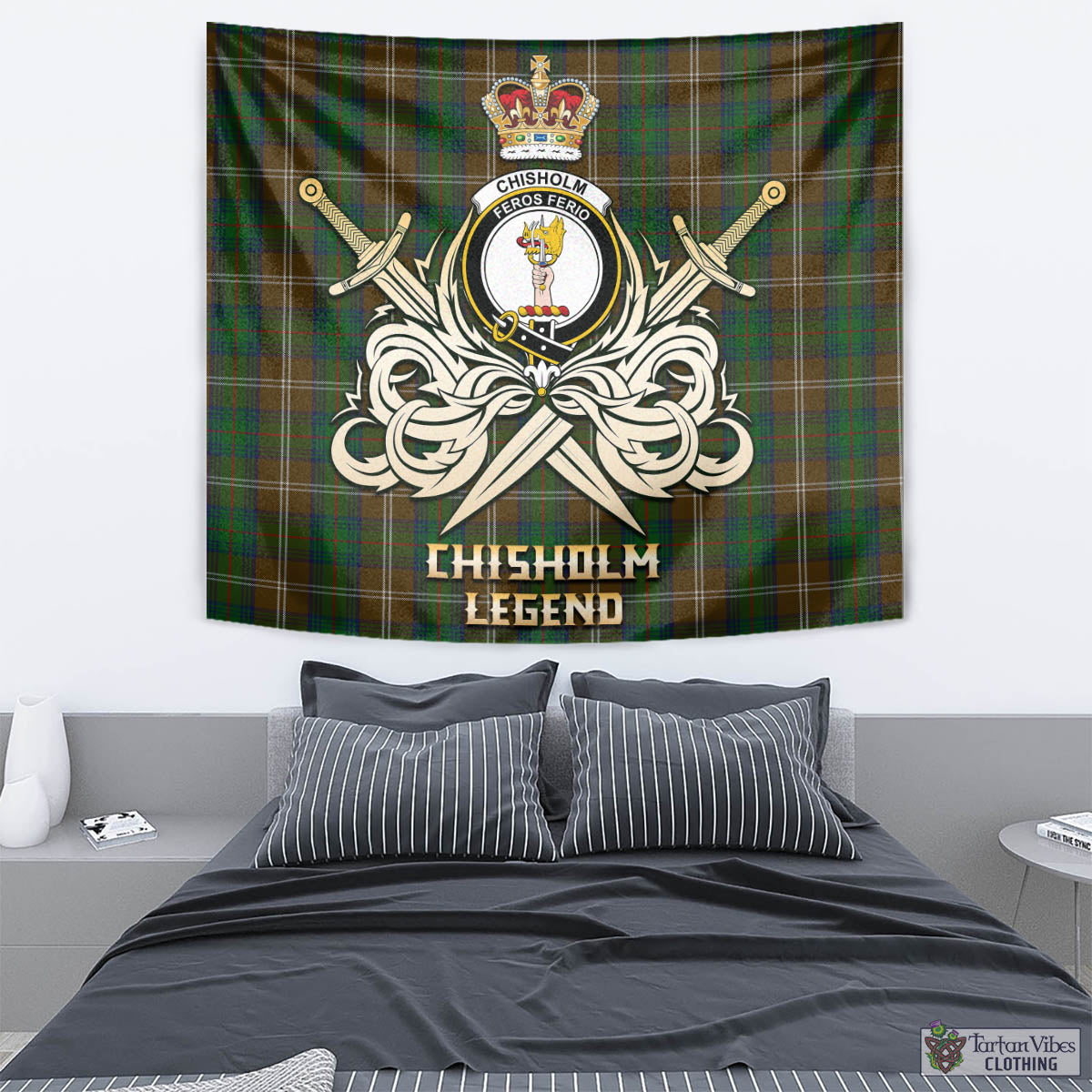 Tartan Vibes Clothing Chisholm Hunting Tartan Tapestry with Clan Crest and the Golden Sword of Courageous Legacy