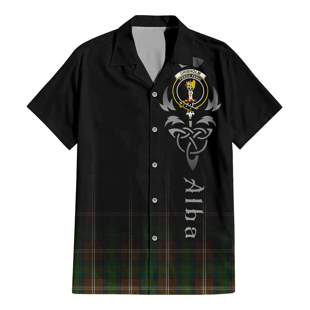 Tartan Vibes Clothing Chisholm Hunting Tartan Short Sleeve Button Up Featuring Alba Gu Brath Family Crest Celtic Inspired