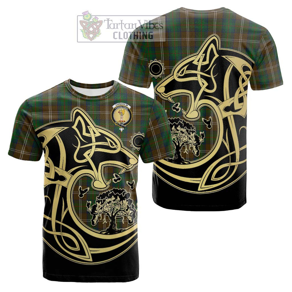 Tartan Vibes Clothing Chisholm Hunting Tartan Cotton T-shirt with Family Crest Celtic Wolf Style