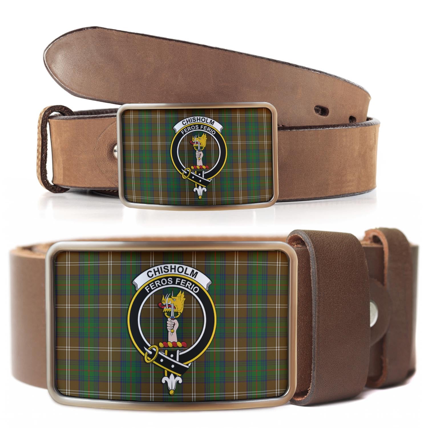 Chisholm Hunting Tartan Belt Buckles with Family Crest - Tartan Vibes Clothing