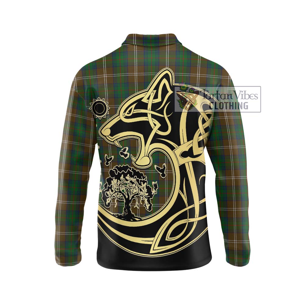 Chisholm Hunting Tartan Long Sleeve Polo Shirt with Family Crest Celtic Wolf Style - Tartanvibesclothing Shop