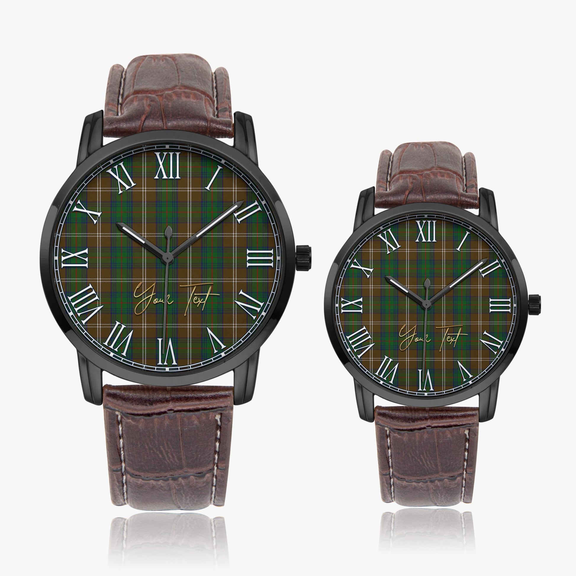 Chisholm Hunting Tartan Personalized Your Text Leather Trap Quartz Watch Wide Type Black Case With Brown Leather Strap - Tartanvibesclothing