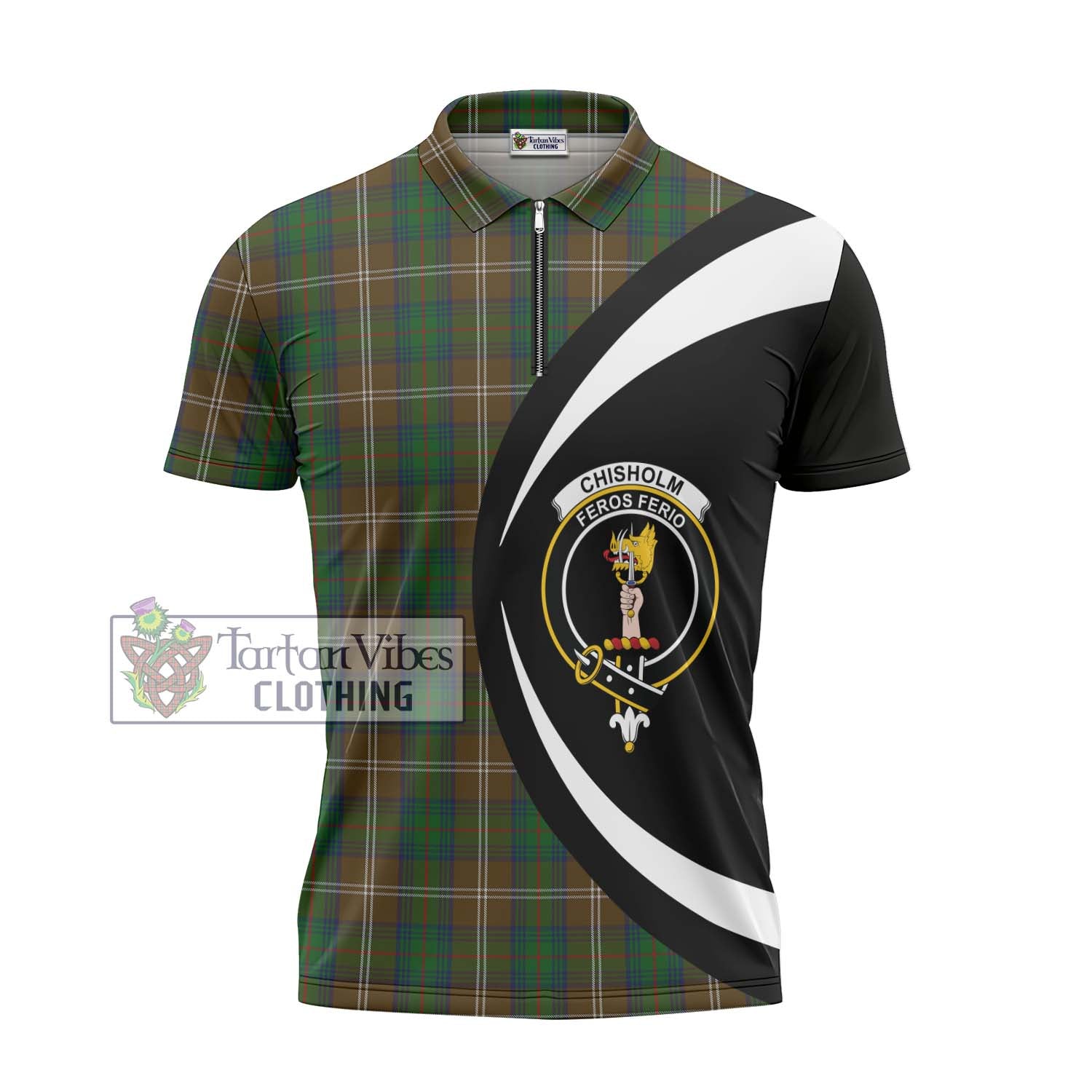 Tartan Vibes Clothing Chisholm Hunting Tartan Zipper Polo Shirt with Family Crest Circle Style