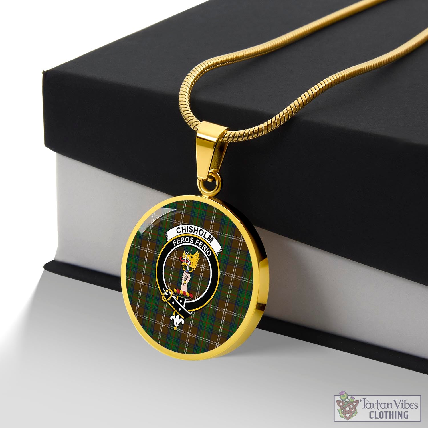 Tartan Vibes Clothing Chisholm Hunting Tartan Circle Necklace with Family Crest