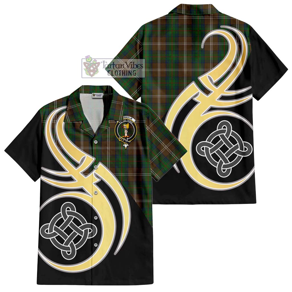 Chisholm Hunting Tartan Short Sleeve Button Shirt with Family Crest and Celtic Symbol Style - Tartan Vibes Clothing