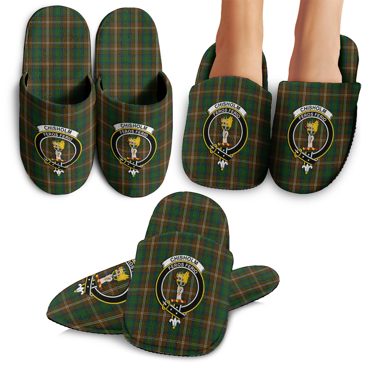 Chisholm Hunting Tartan Home Slippers with Family Crest - Tartanvibesclothing