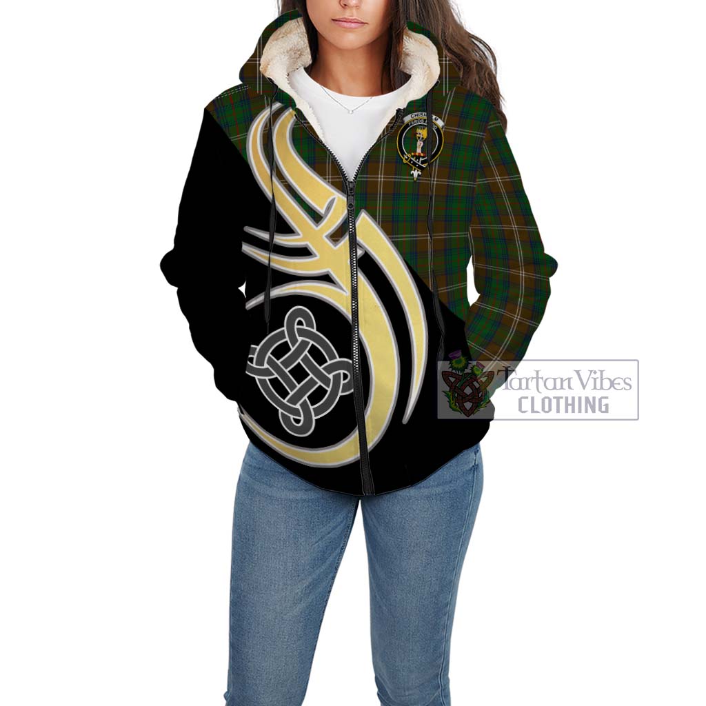 Chisholm Hunting Tartan Sherpa Hoodie with Family Crest and Celtic Symbol Style Unisex - Tartan Vibes Clothing