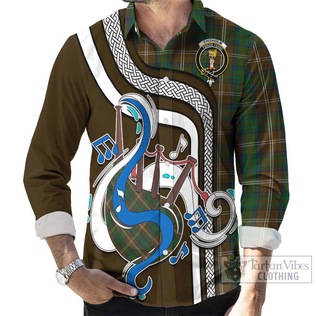 Chisholm Hunting Tartan Long Sleeve Button Shirt with Epic Bagpipe Style - Tartanvibesclothing Shop