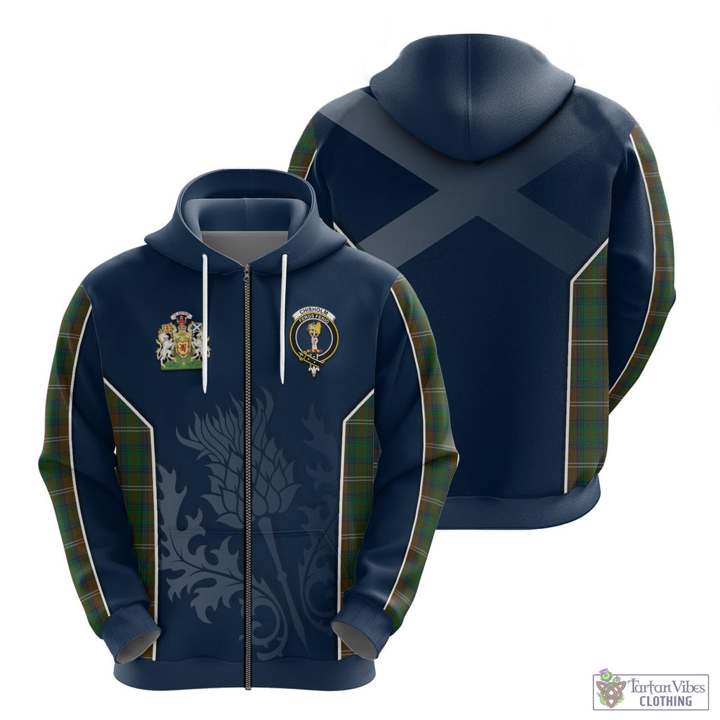 Tartan Vibes Clothing Chisholm Hunting Tartan Hoodie with Family Crest and Scottish Thistle Vibes Sport Style