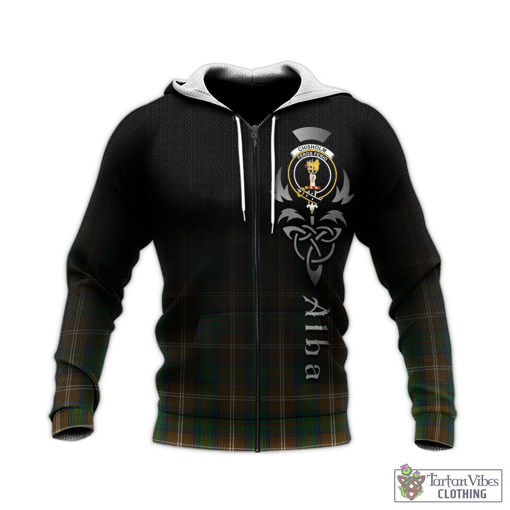 Tartan Vibes Clothing Chisholm Hunting Tartan Knitted Hoodie Featuring Alba Gu Brath Family Crest Celtic Inspired