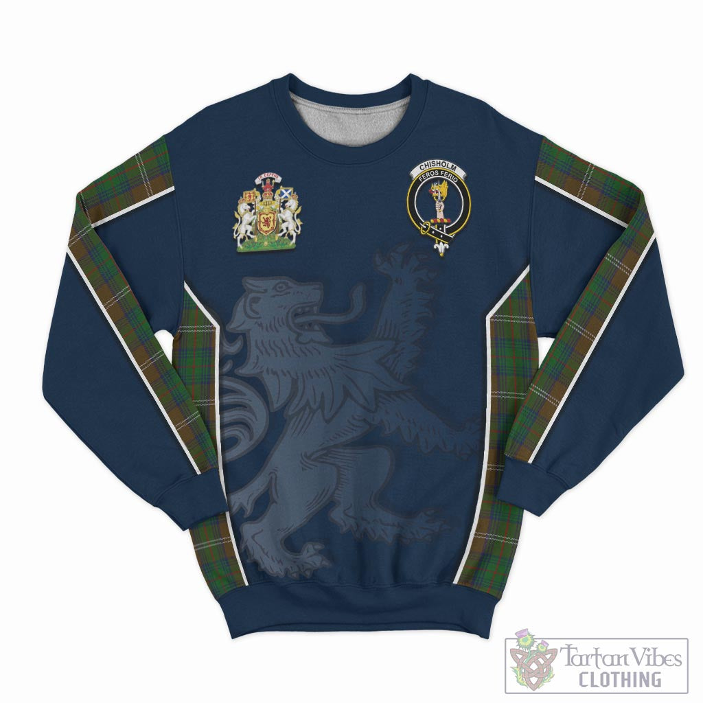 Tartan Vibes Clothing Chisholm Hunting Tartan Sweater with Family Crest and Lion Rampant Vibes Sport Style