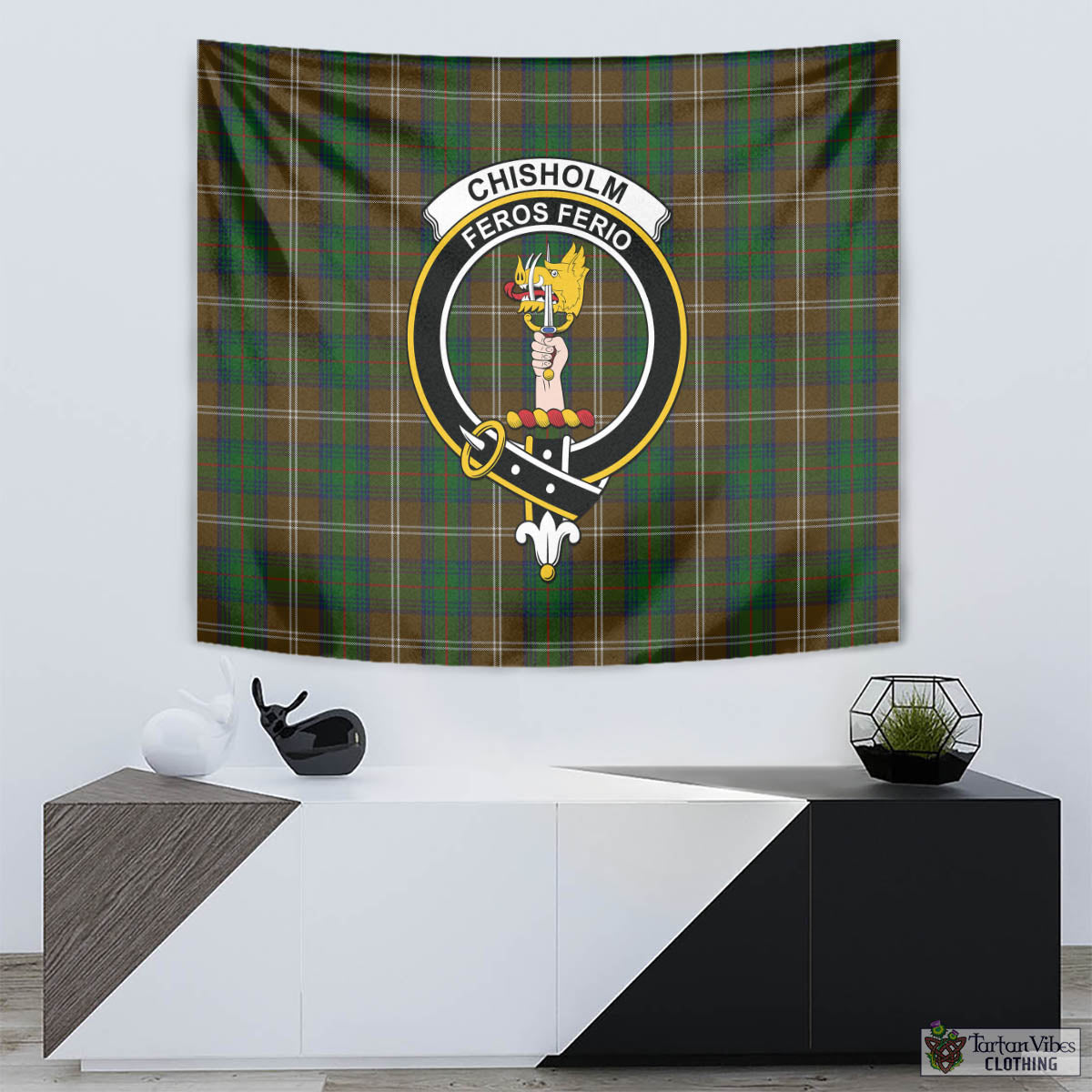 Tartan Vibes Clothing Chisholm Hunting Tartan Tapestry Wall Hanging and Home Decor for Room with Family Crest