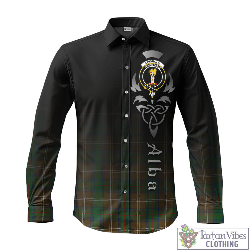 Tartan Vibes Clothing Chisholm Hunting Tartan Long Sleeve Button Up Featuring Alba Gu Brath Family Crest Celtic Inspired