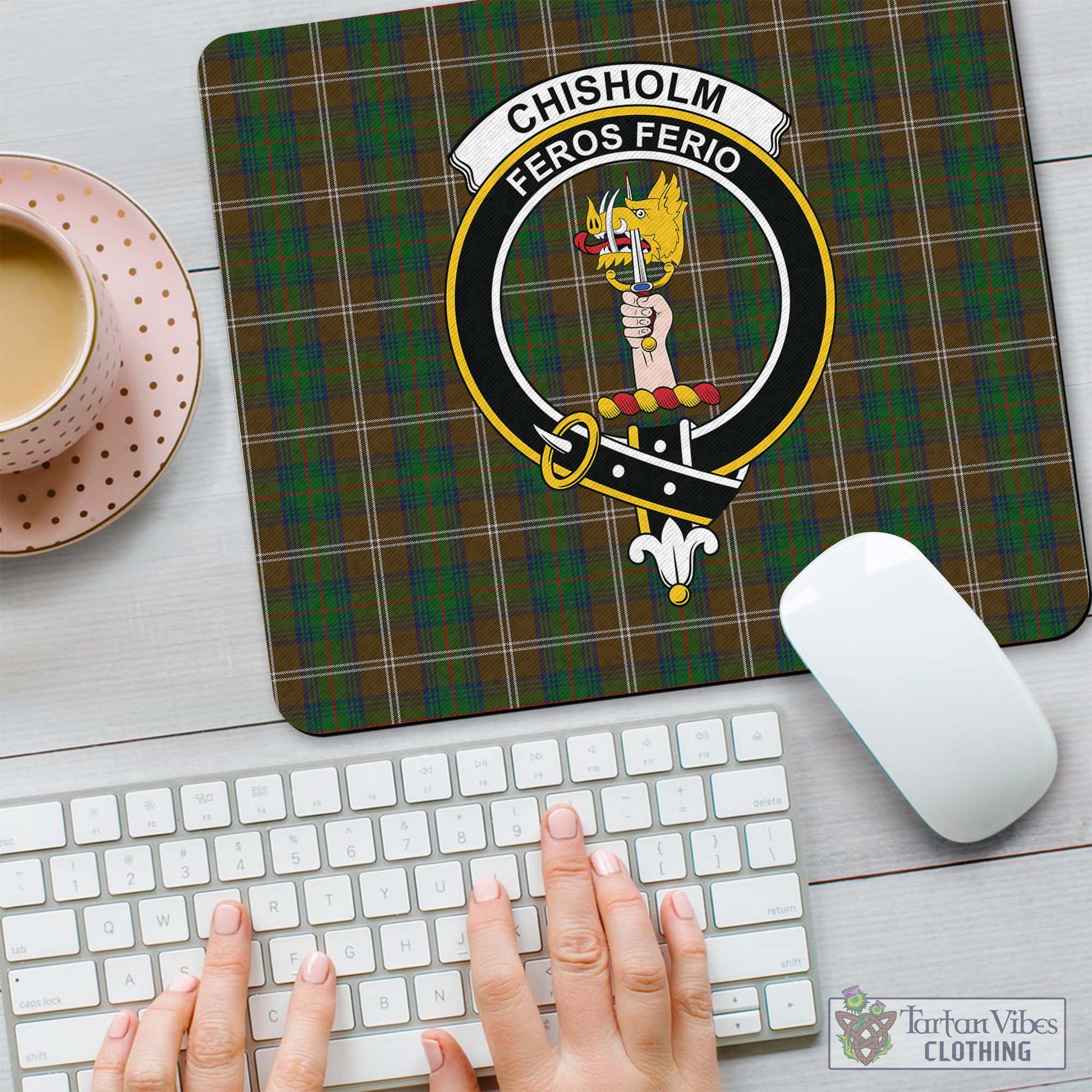 Tartan Vibes Clothing Chisholm Hunting Tartan Mouse Pad with Family Crest