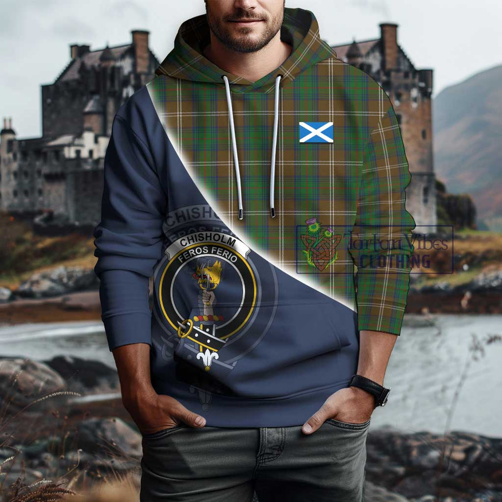 Chisholm Hunting Tartan Hoodie with Personalised National Flag and Family Crest Half Style - Tartanvibesclothing Shop