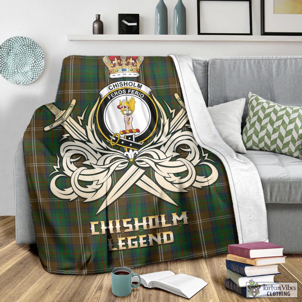 Tartan Vibes Clothing Chisholm Hunting Tartan Blanket with Clan Crest and the Golden Sword of Courageous Legacy