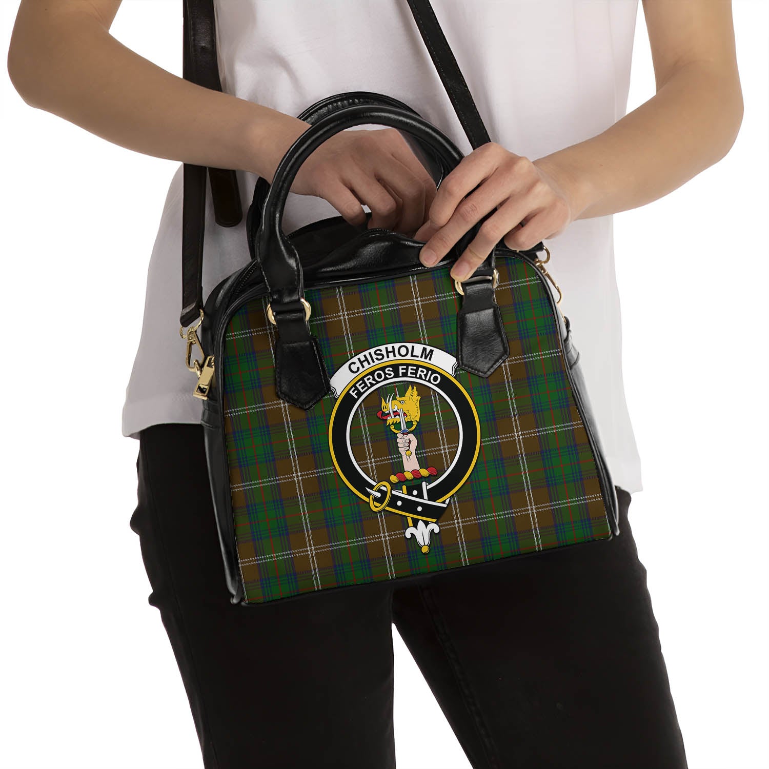 Chisholm Hunting Tartan Shoulder Handbags with Family Crest - Tartanvibesclothing