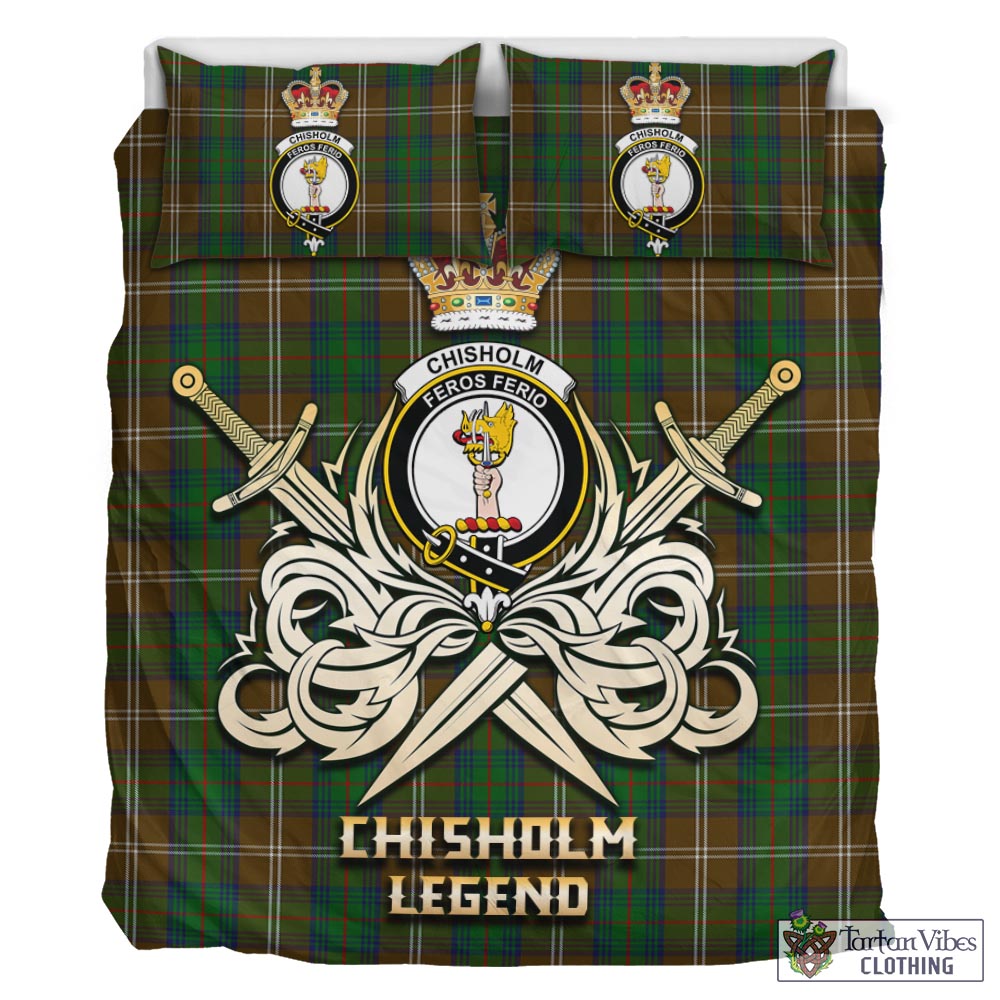 Tartan Vibes Clothing Chisholm Hunting Tartan Bedding Set with Clan Crest and the Golden Sword of Courageous Legacy