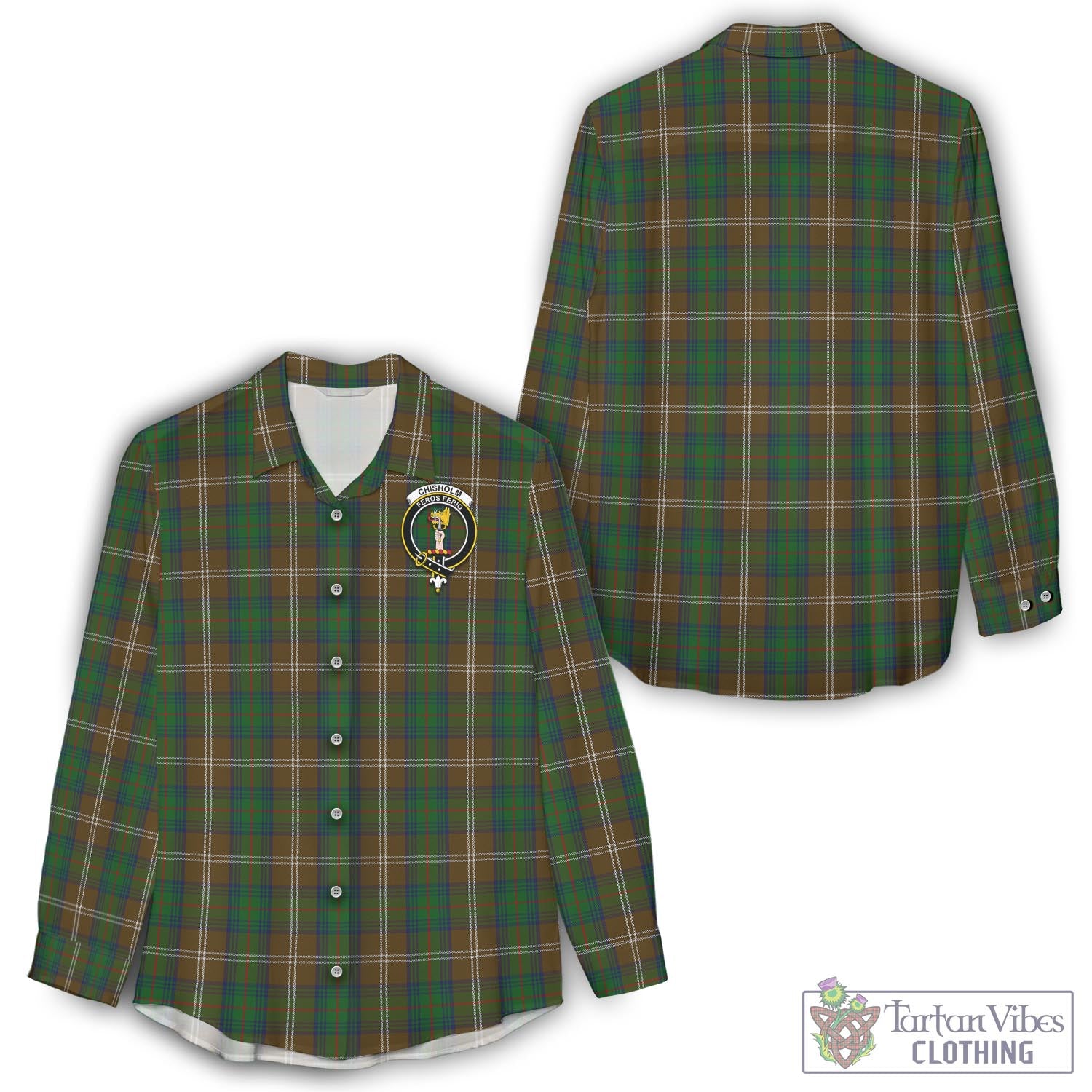 Tartan Vibes Clothing Chisholm Hunting Tartan Womens Casual Shirt with Family Crest