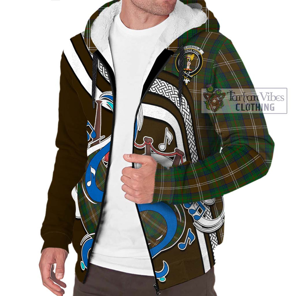 Chisholm Hunting Tartan Sherpa Hoodie with Epic Bagpipe Style Unisex - Tartanvibesclothing Shop