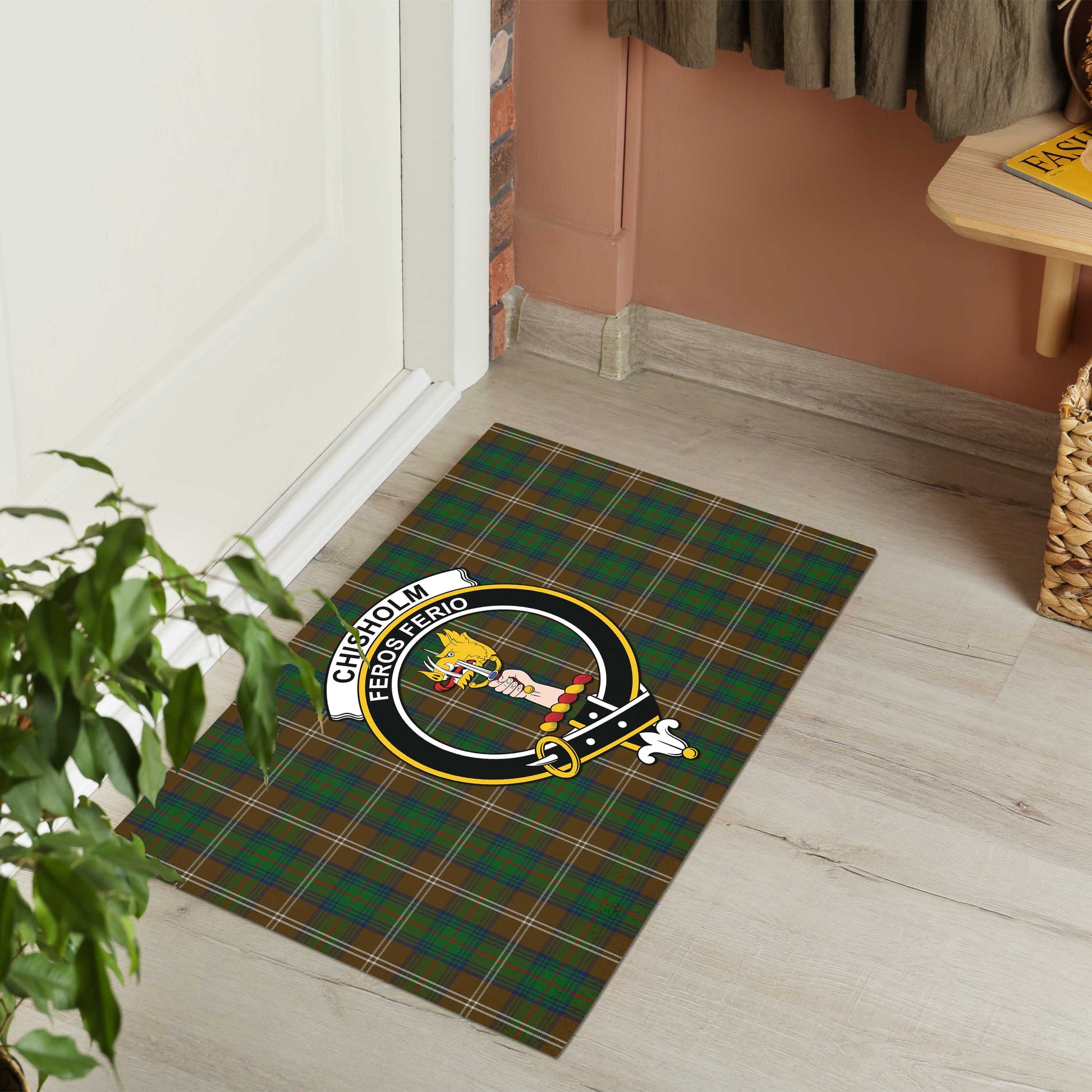 Chisholm Hunting Tartan Door Mat with Family Crest - Tartanvibesclothing