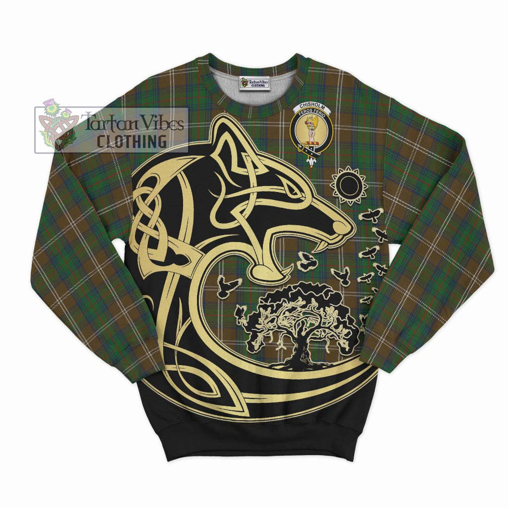 Chisholm Hunting Tartan Sweatshirt with Family Crest Celtic Wolf Style - Tartan Vibes Clothing