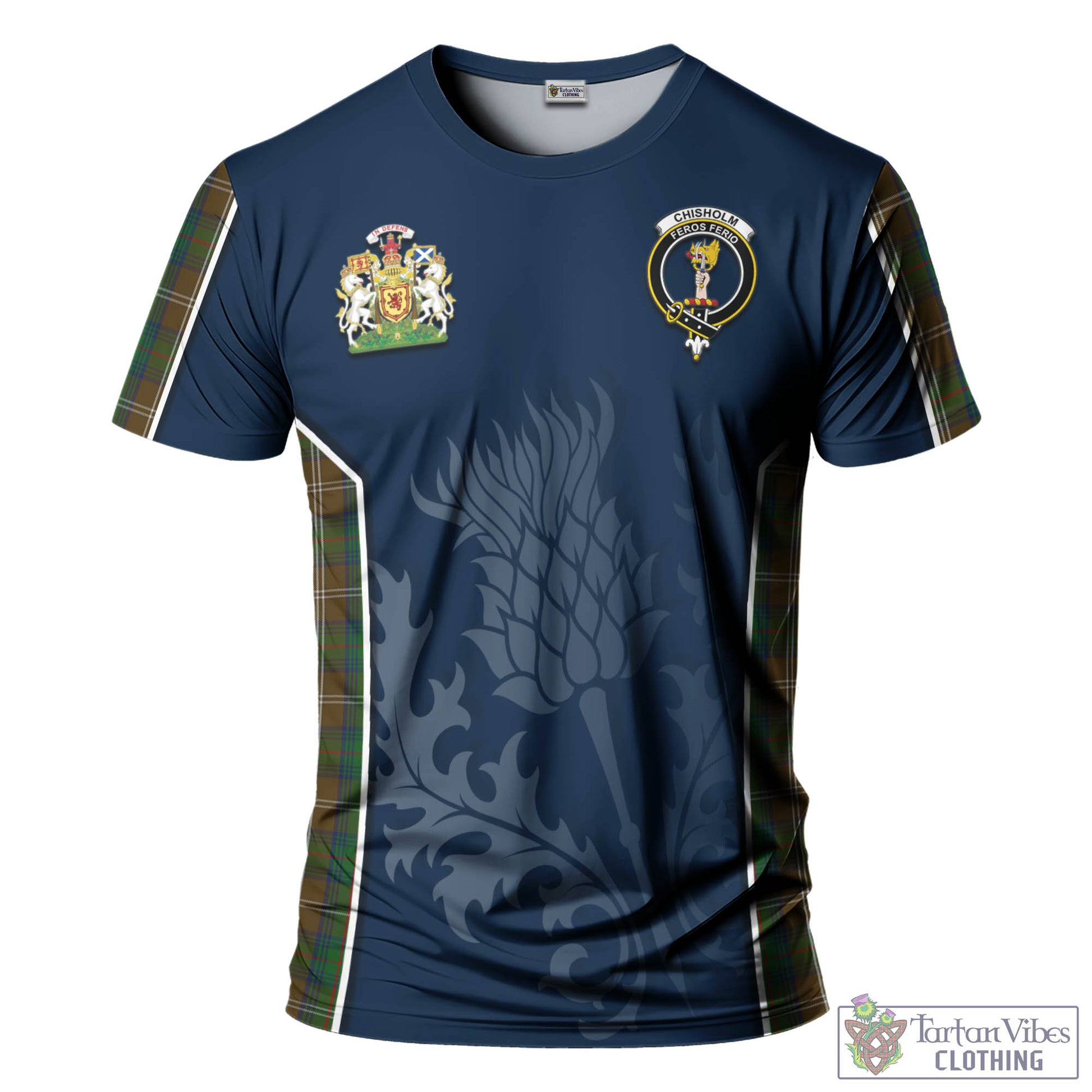 Tartan Vibes Clothing Chisholm Hunting Tartan T-Shirt with Family Crest and Scottish Thistle Vibes Sport Style