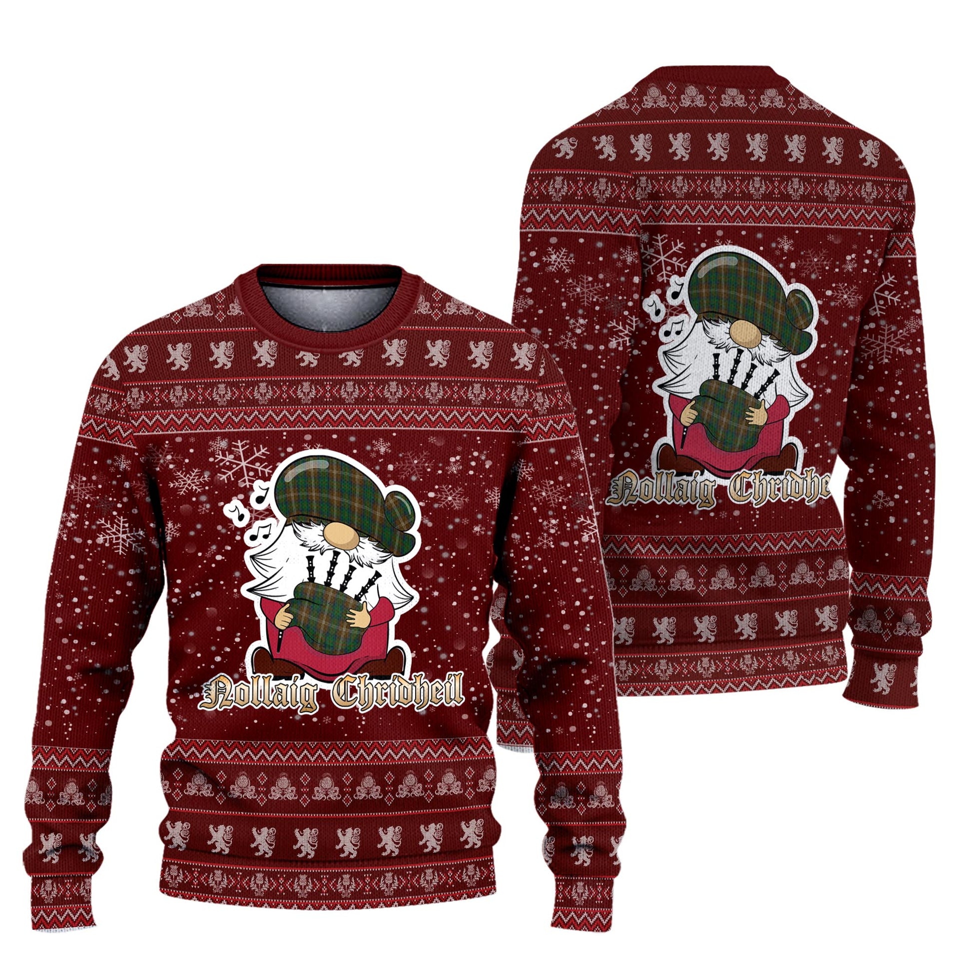 Chisholm Hunting Clan Christmas Family Knitted Sweater with Funny Gnome Playing Bagpipes Unisex Red - Tartanvibesclothing