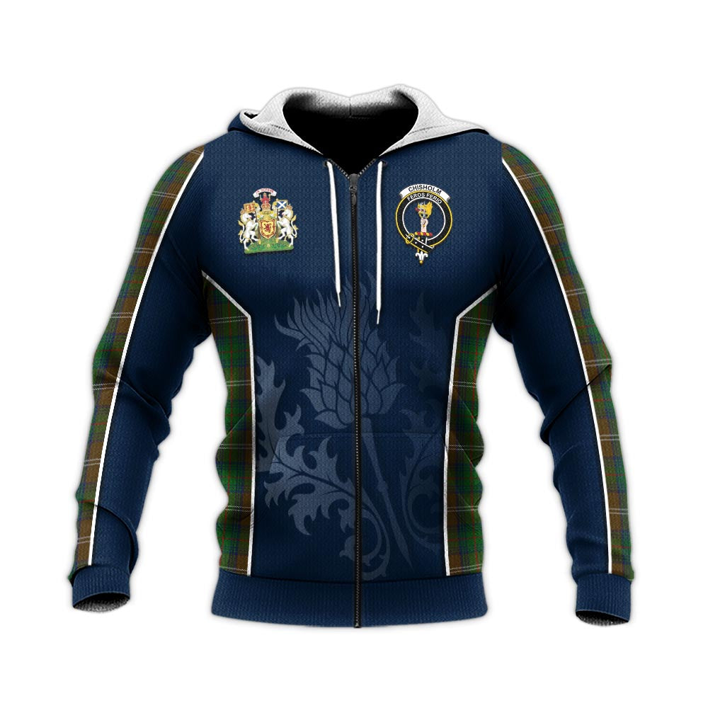 Tartan Vibes Clothing Chisholm Hunting Tartan Knitted Hoodie with Family Crest and Scottish Thistle Vibes Sport Style