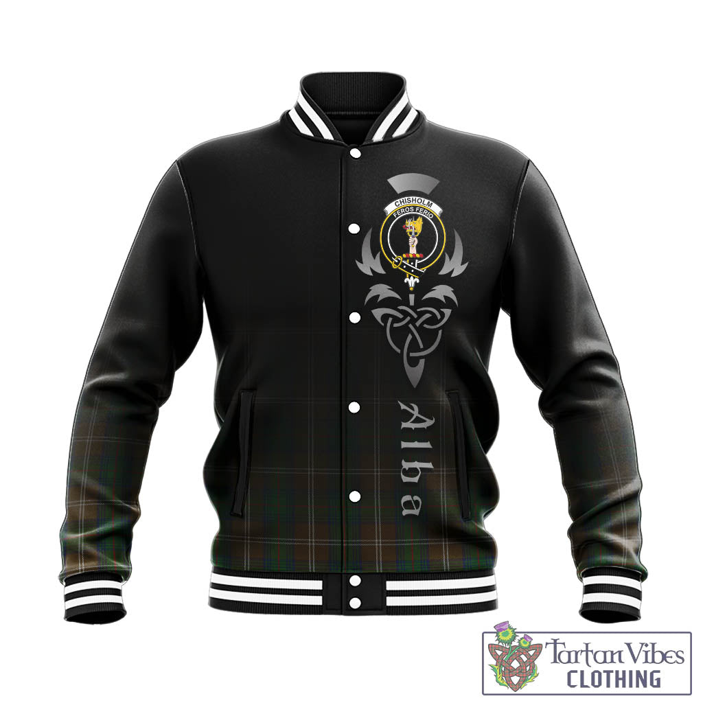 Tartan Vibes Clothing Chisholm Hunting Tartan Baseball Jacket Featuring Alba Gu Brath Family Crest Celtic Inspired