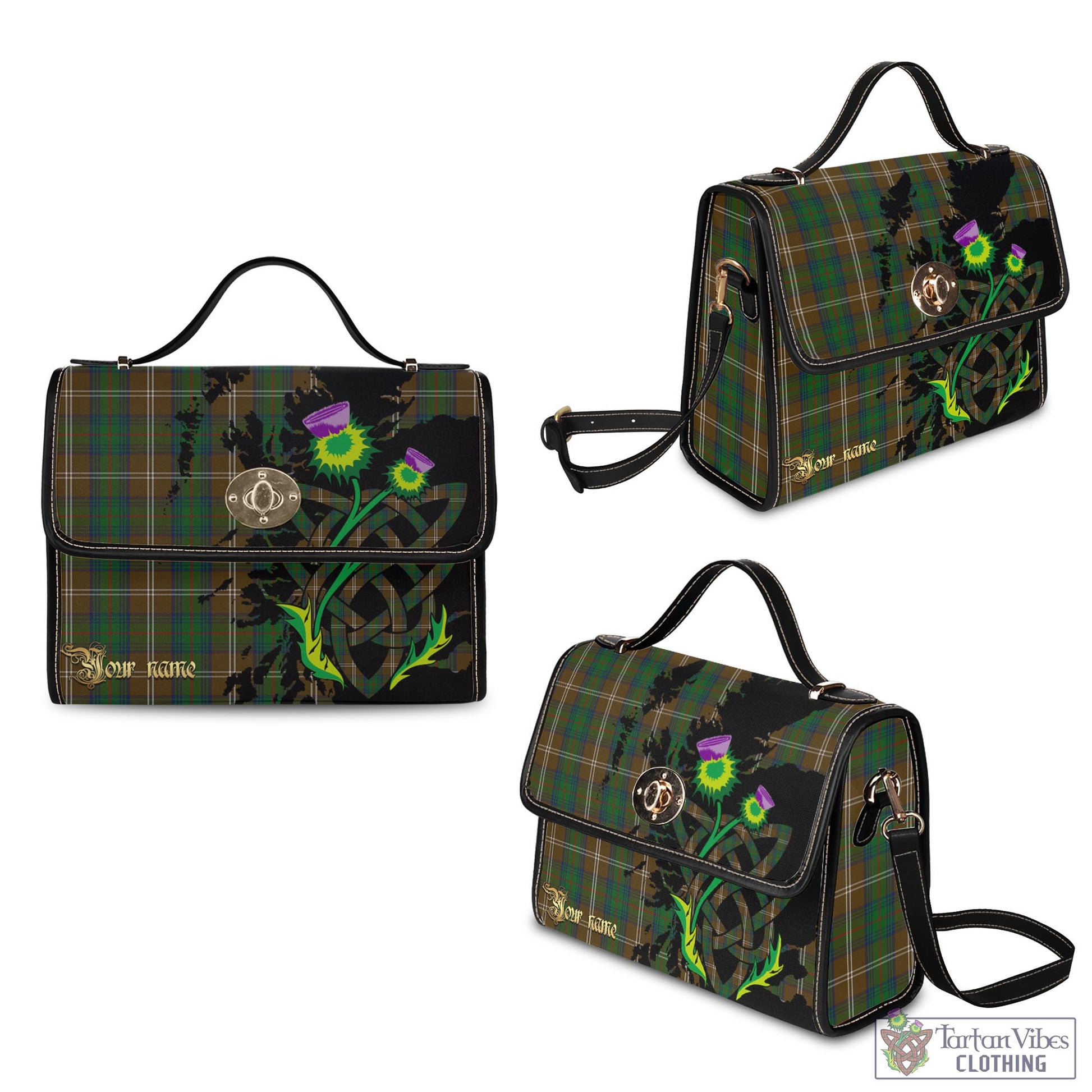 Tartan Vibes Clothing Chisholm Hunting Tartan Waterproof Canvas Bag with Scotland Map and Thistle Celtic Accents