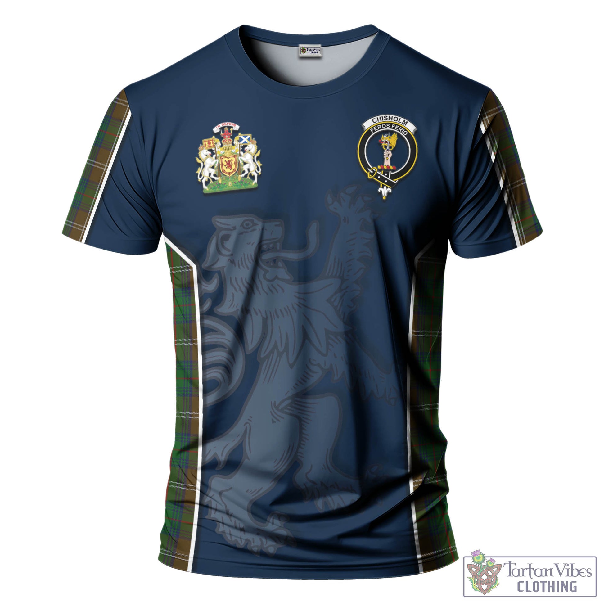 Tartan Vibes Clothing Chisholm Hunting Tartan T-Shirt with Family Crest and Lion Rampant Vibes Sport Style