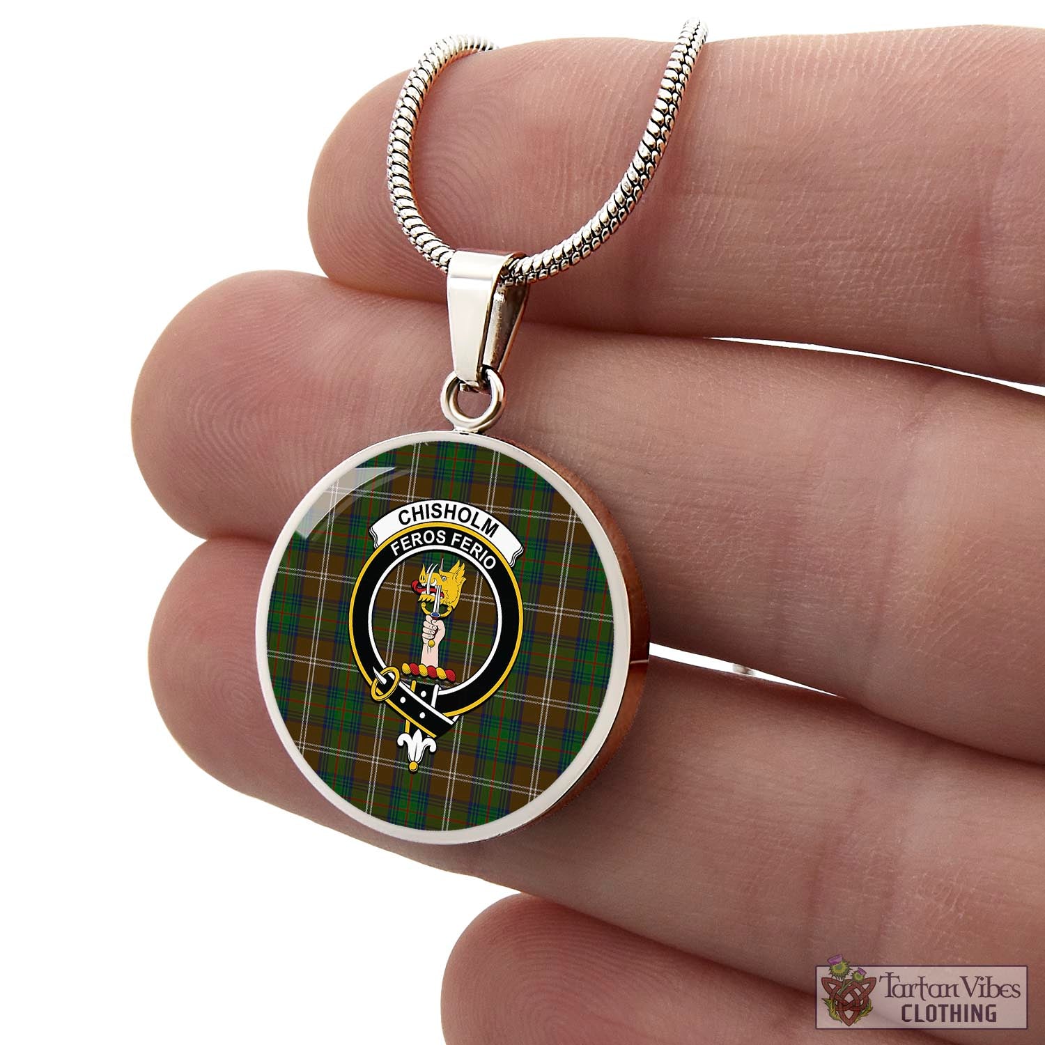 Tartan Vibes Clothing Chisholm Hunting Tartan Circle Necklace with Family Crest