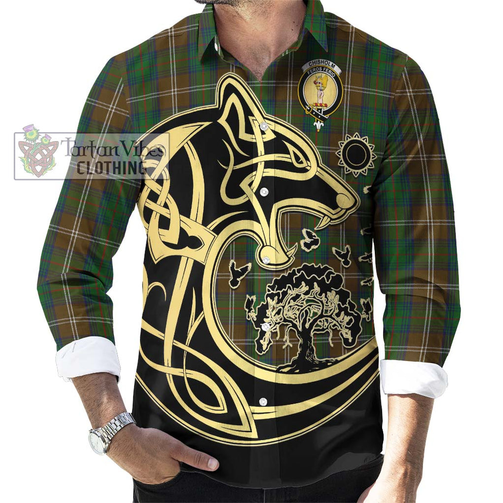 Chisholm Hunting Tartan Long Sleeve Button Shirt with Family Crest Celtic Wolf Style - Tartan Vibes Clothing