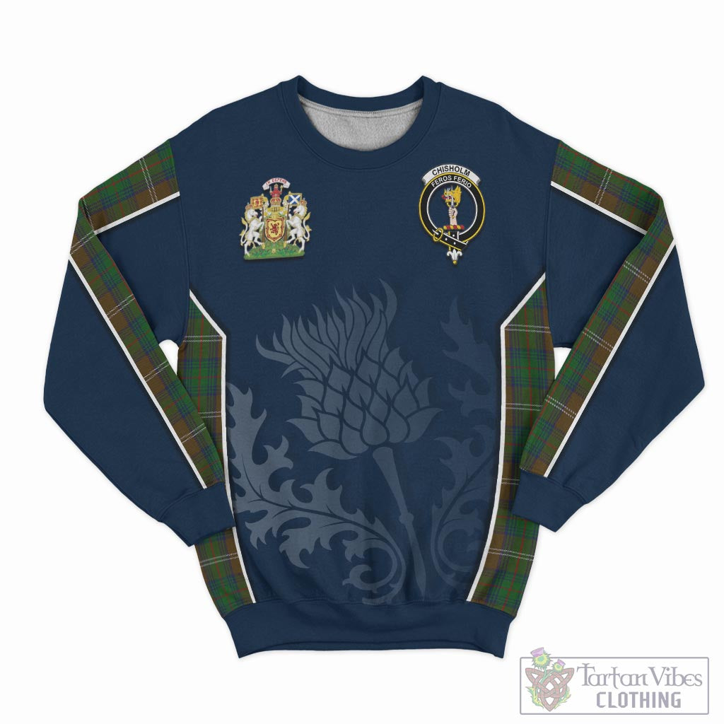 Tartan Vibes Clothing Chisholm Hunting Tartan Sweatshirt with Family Crest and Scottish Thistle Vibes Sport Style