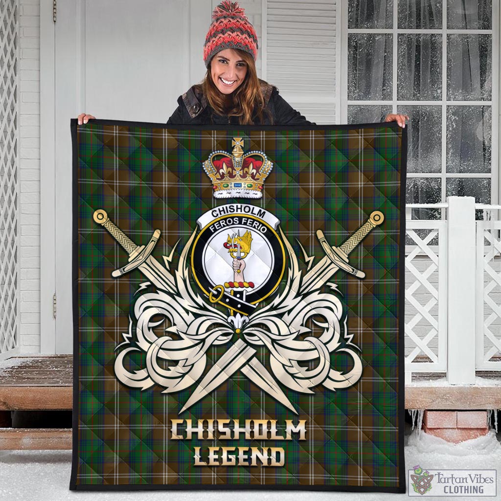 Tartan Vibes Clothing Chisholm Hunting Tartan Quilt with Clan Crest and the Golden Sword of Courageous Legacy