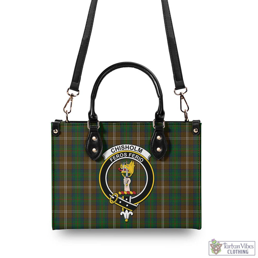 Tartan Vibes Clothing Chisholm Hunting Tartan Luxury Leather Handbags with Family Crest