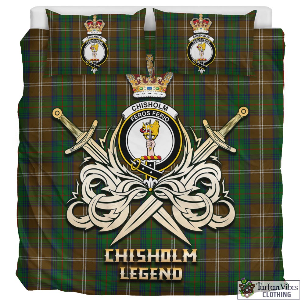 Tartan Vibes Clothing Chisholm Hunting Tartan Bedding Set with Clan Crest and the Golden Sword of Courageous Legacy