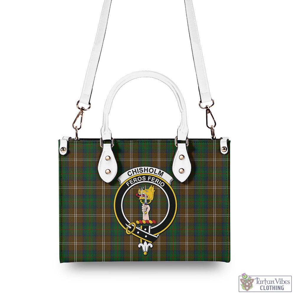 Tartan Vibes Clothing Chisholm Hunting Tartan Luxury Leather Handbags with Family Crest