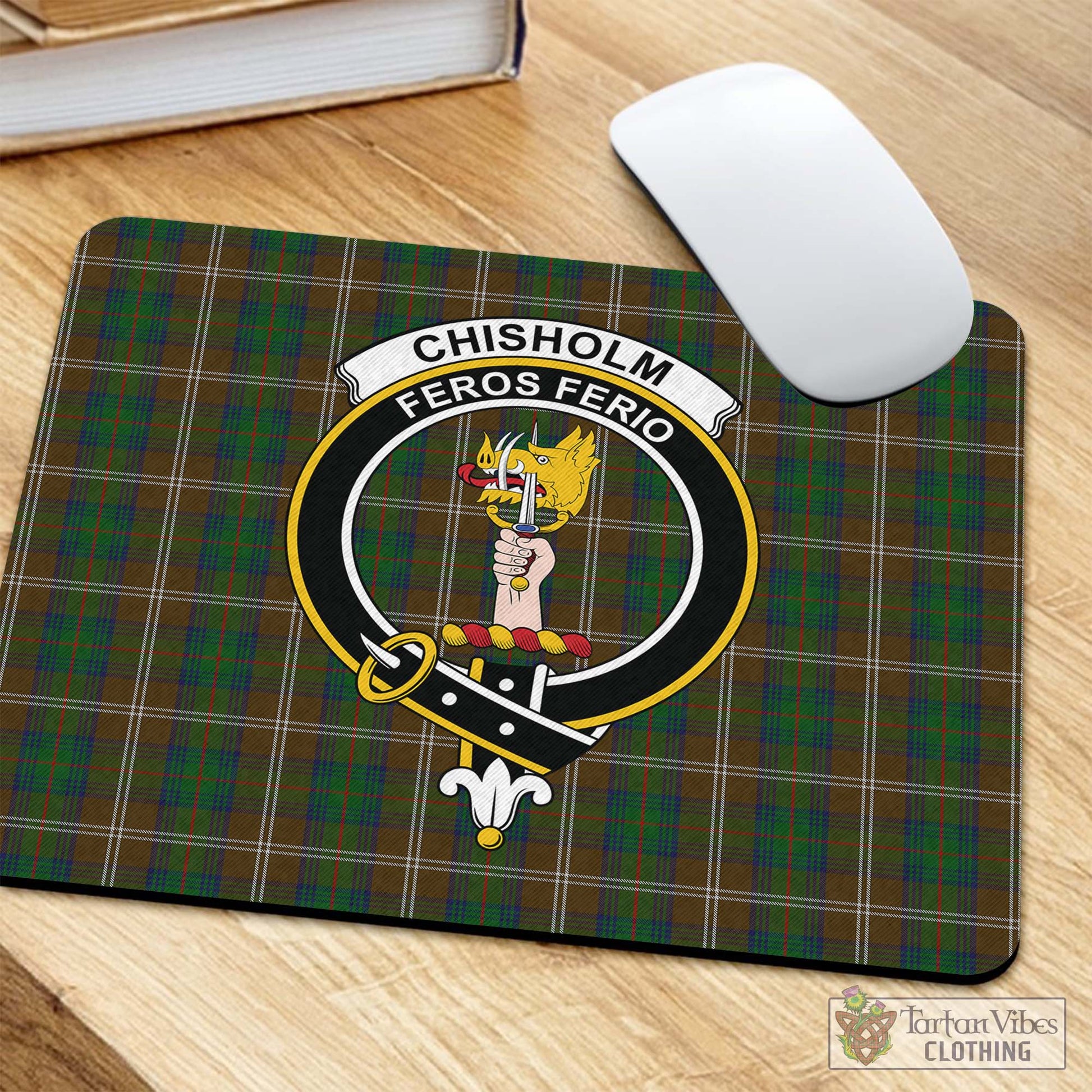 Tartan Vibes Clothing Chisholm Hunting Tartan Mouse Pad with Family Crest