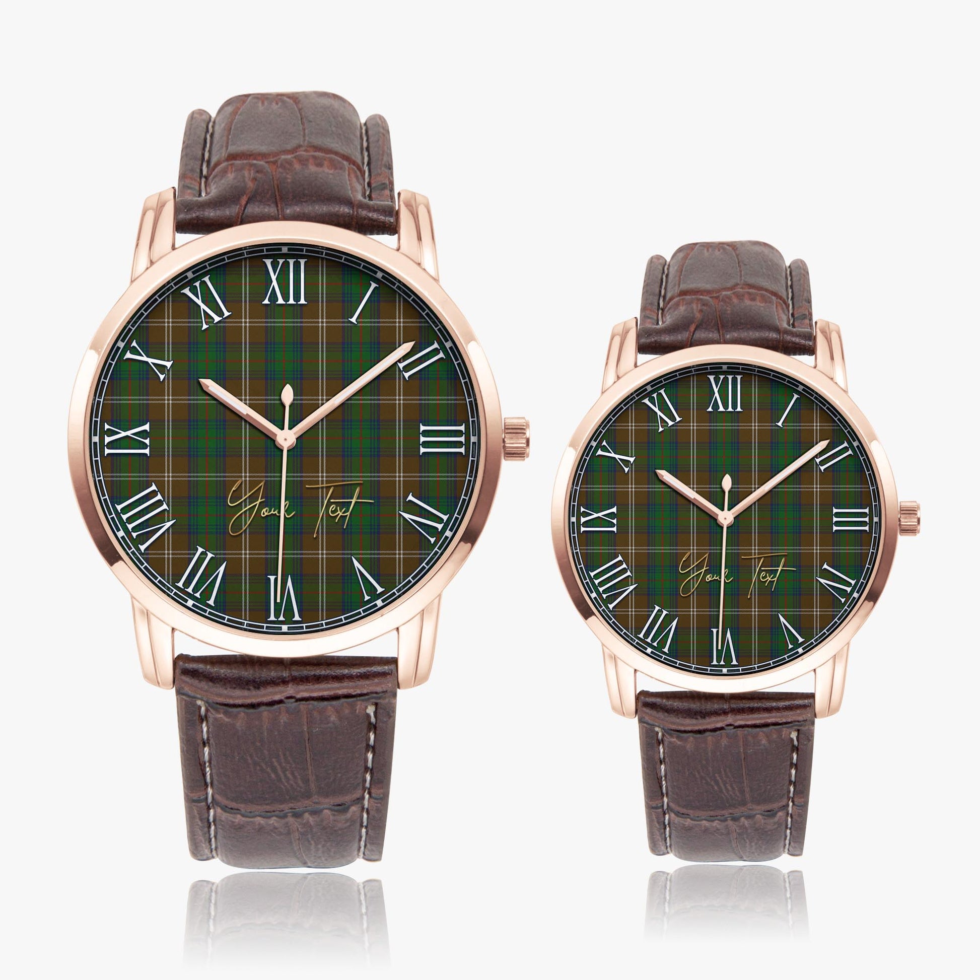 Chisholm Hunting Tartan Personalized Your Text Leather Trap Quartz Watch Wide Type Rose Gold Case With Brown Leather Strap - Tartanvibesclothing