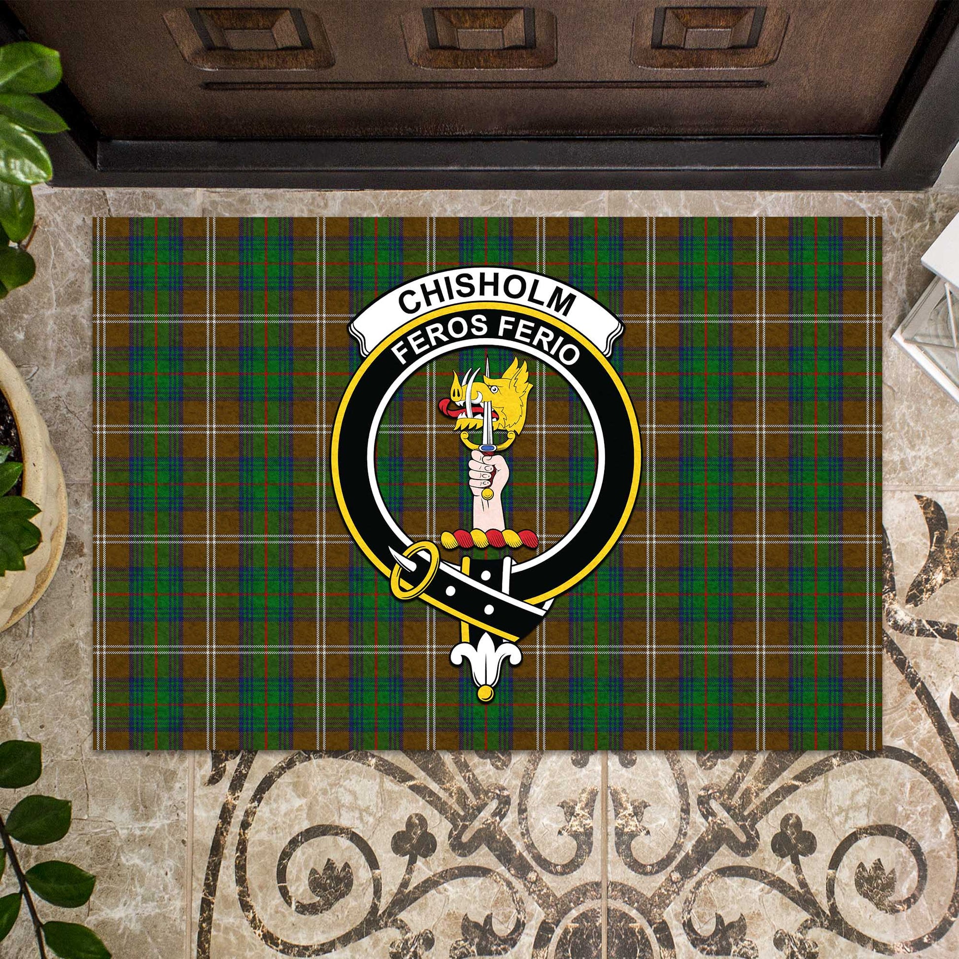 Chisholm Hunting Tartan Door Mat with Family Crest - Tartanvibesclothing