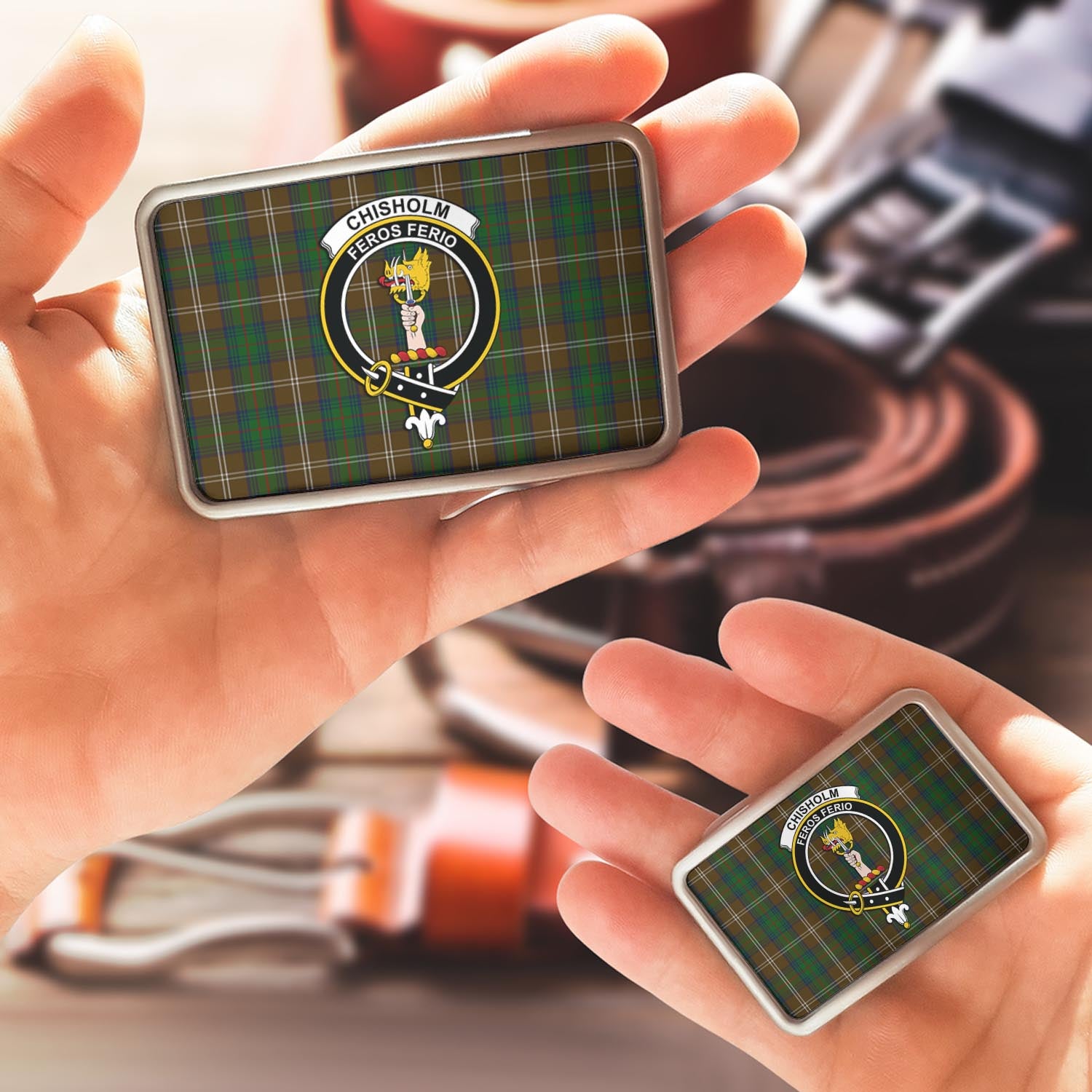 Chisholm Hunting Tartan Belt Buckles with Family Crest - Tartan Vibes Clothing