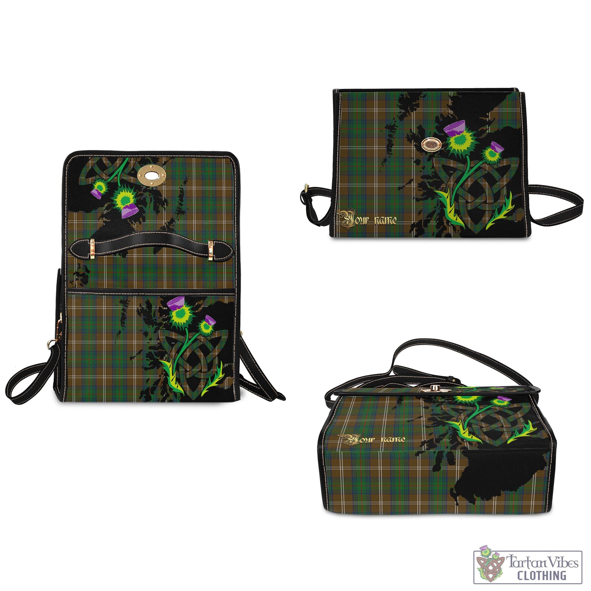 Tartan Vibes Clothing Chisholm Hunting Tartan Waterproof Canvas Bag with Scotland Map and Thistle Celtic Accents