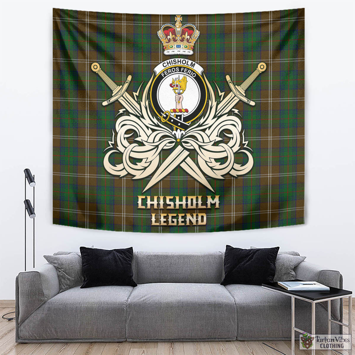 Tartan Vibes Clothing Chisholm Hunting Tartan Tapestry with Clan Crest and the Golden Sword of Courageous Legacy