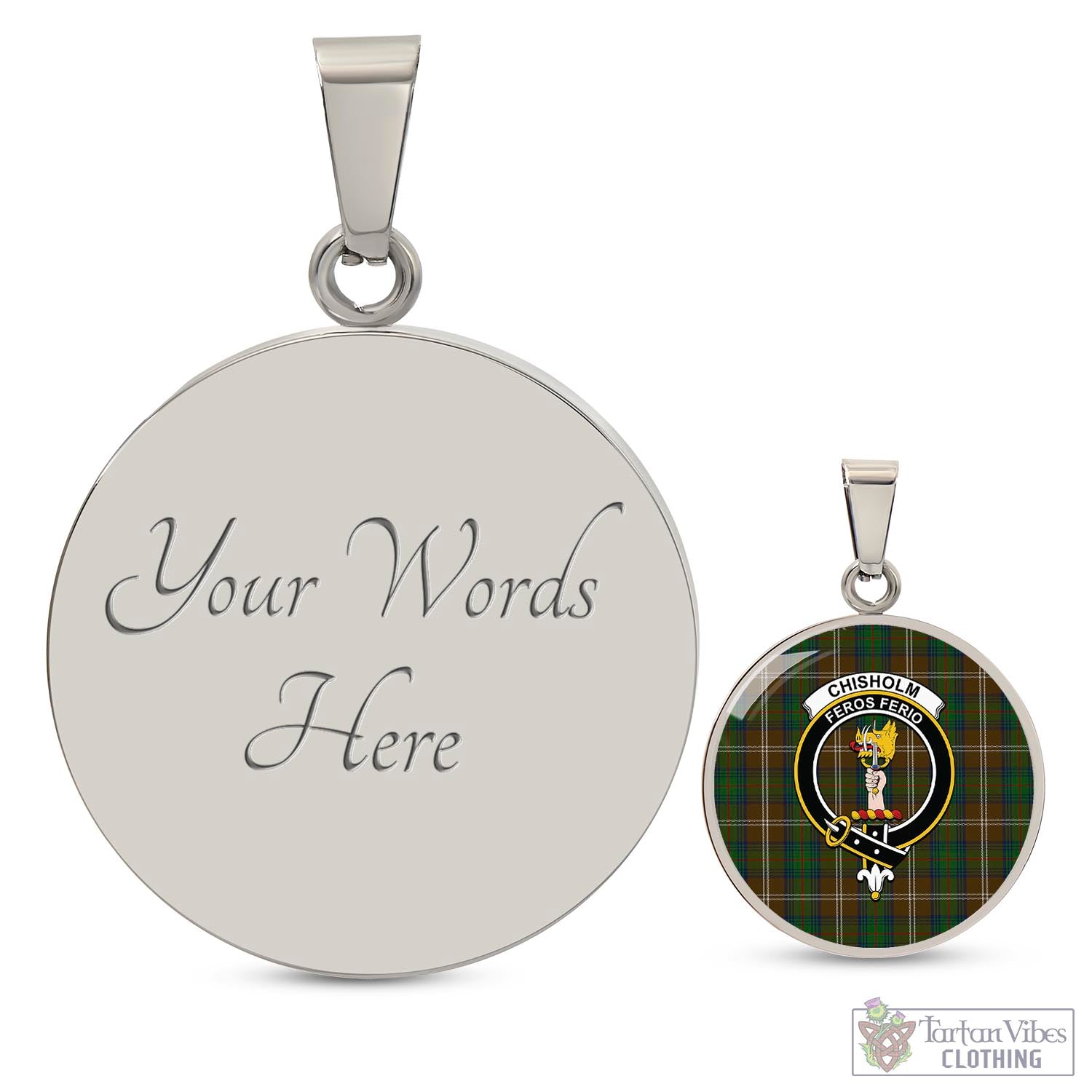 Tartan Vibes Clothing Chisholm Hunting Tartan Circle Necklace with Family Crest